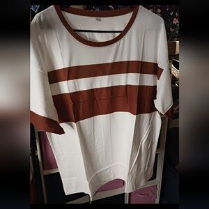Women's White and Brown Striped Short Sleeve Top NWT Size Large